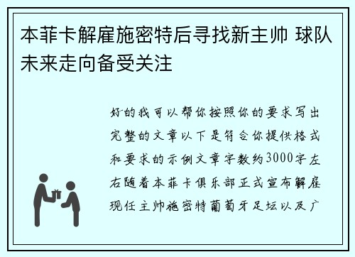 本菲卡解雇施密特后寻找新主帅 球队未来走向备受关注 本菲卡解雇施密特后寻找新主帅 球队未来走向备受关注